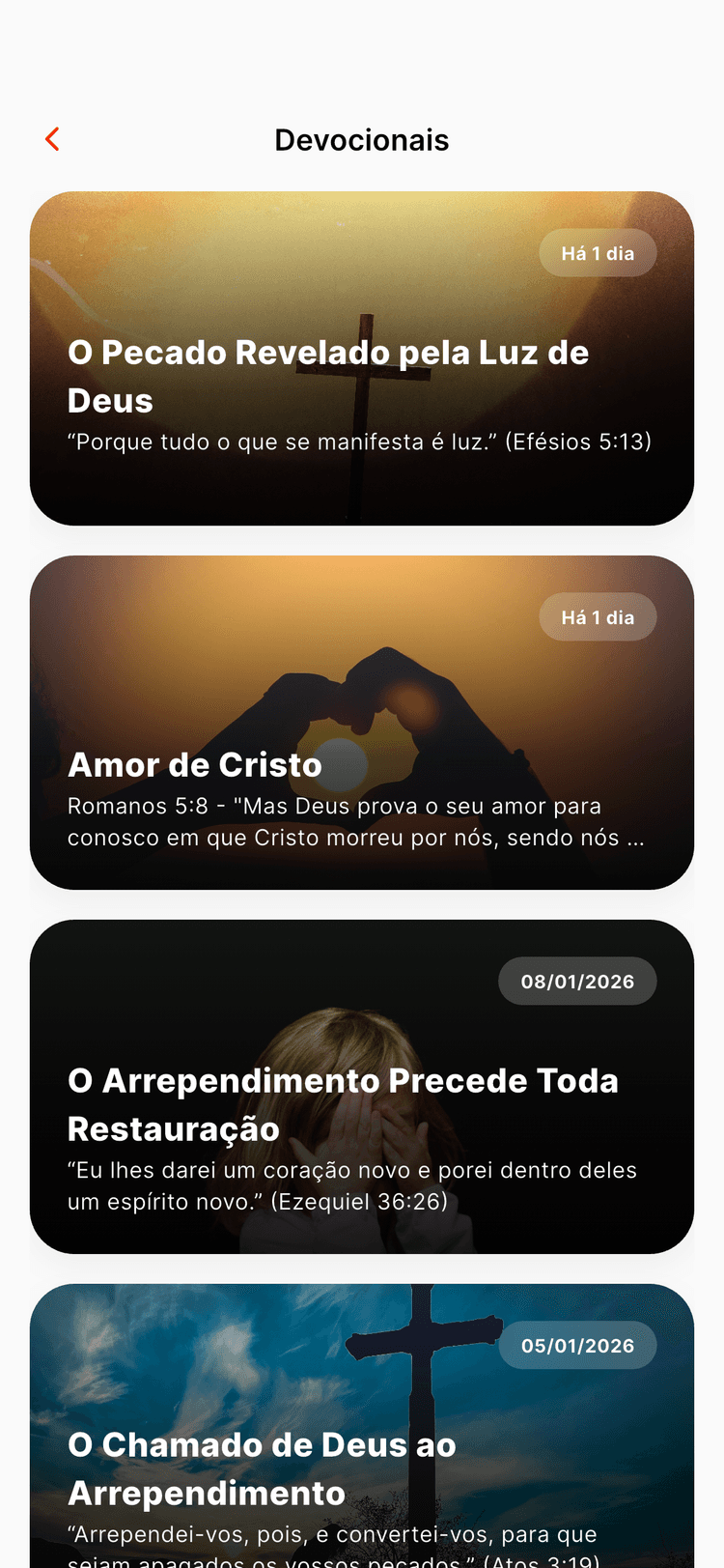 Lista de devocionais diários com imagens e versículos